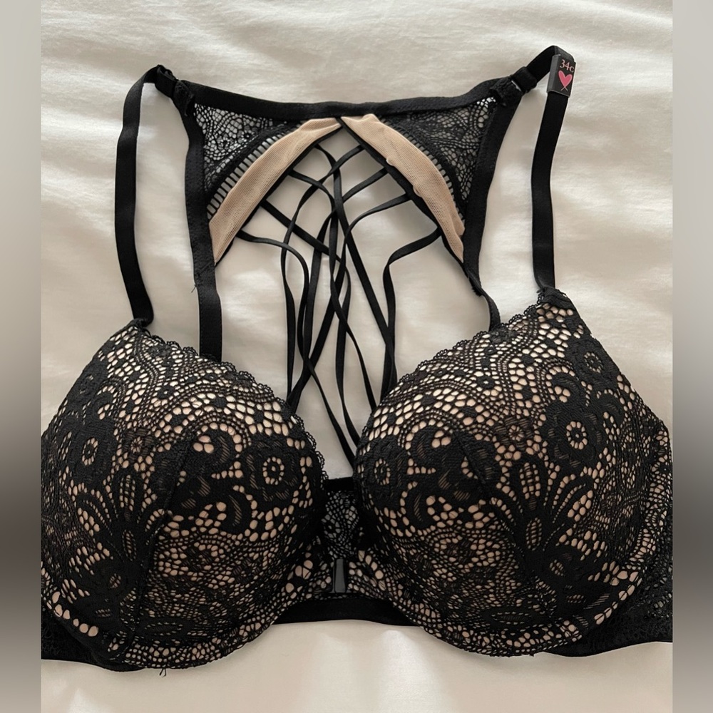 Victoria’s Secret Very Sexy Black Push-Up Bra Sz. 34C Front Closure Lace Grommet